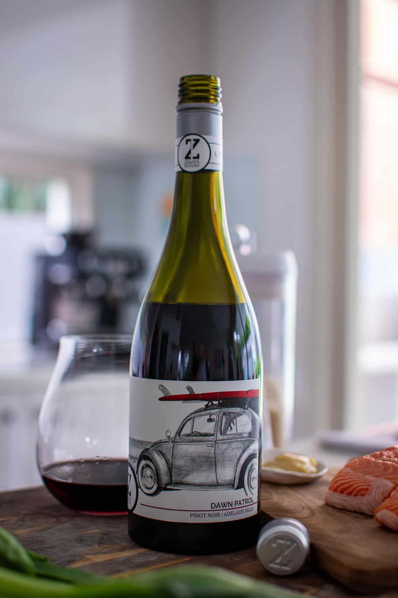 A bottle of Zontes Footstep pinot noir in the kitchen