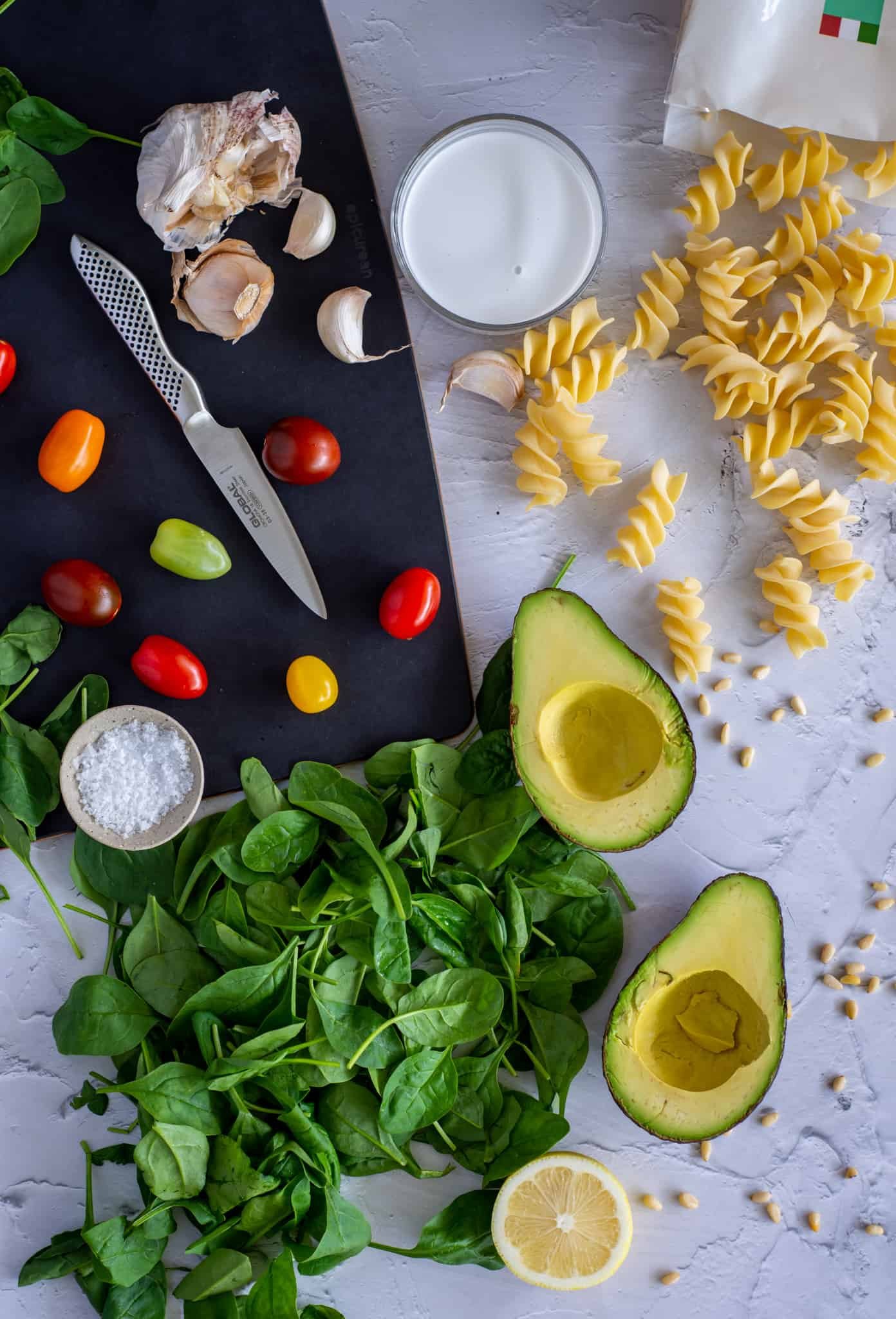 birdseye view of ingredients used to make avocado pasta 