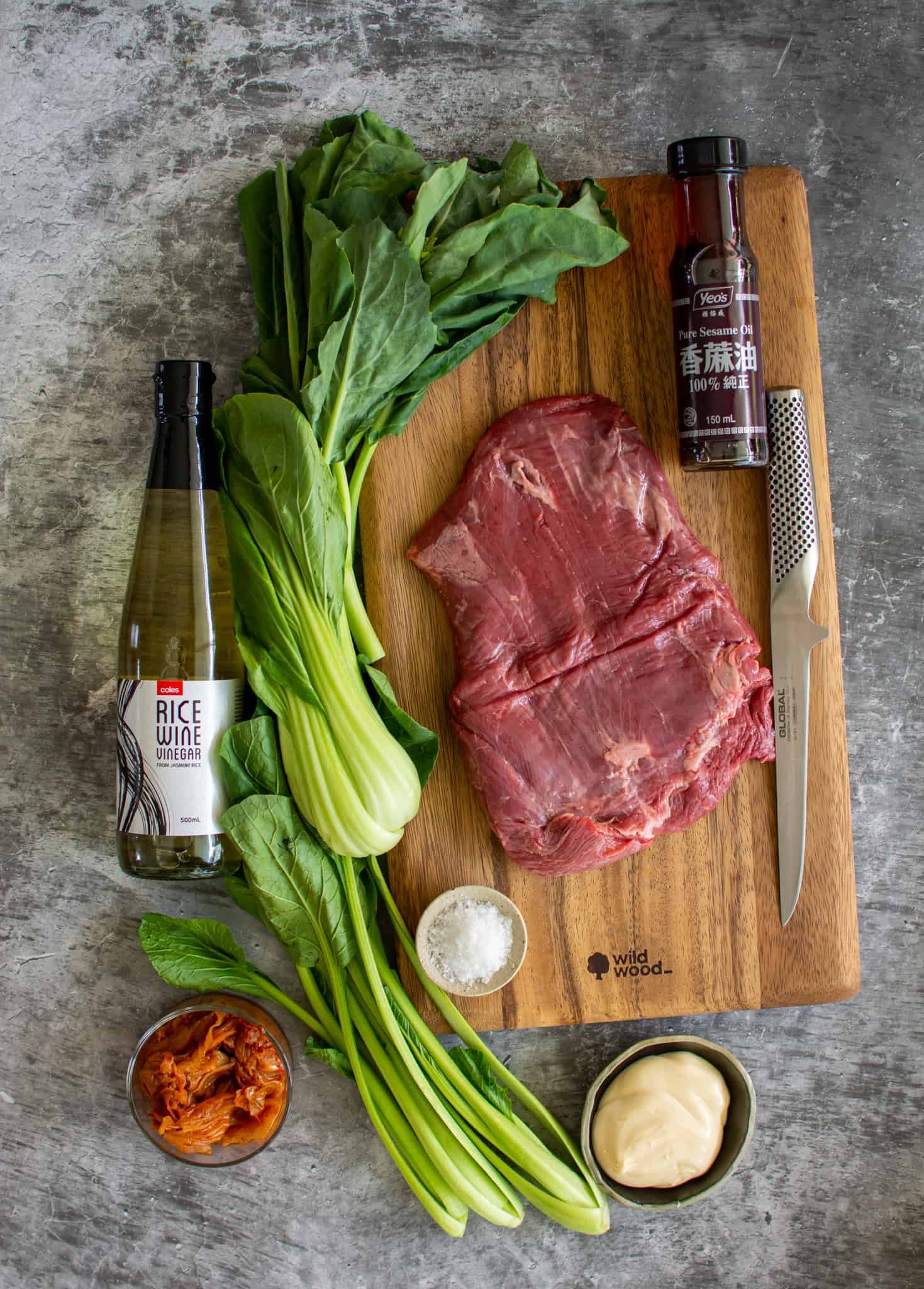 Ingredients needed to make grilled flank steak and kimchi sauce 