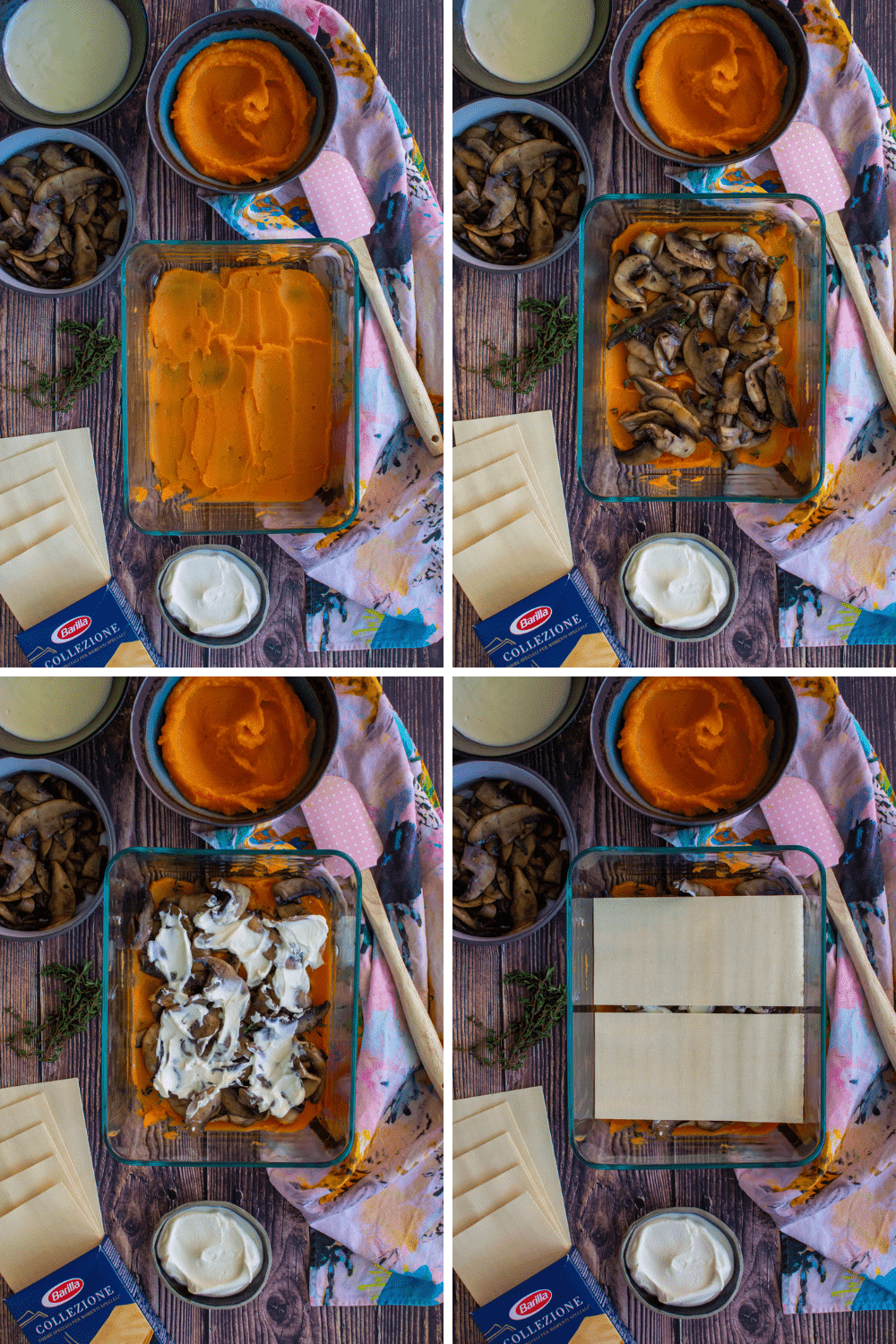 Step by step images of layering the vegetable lasagne
