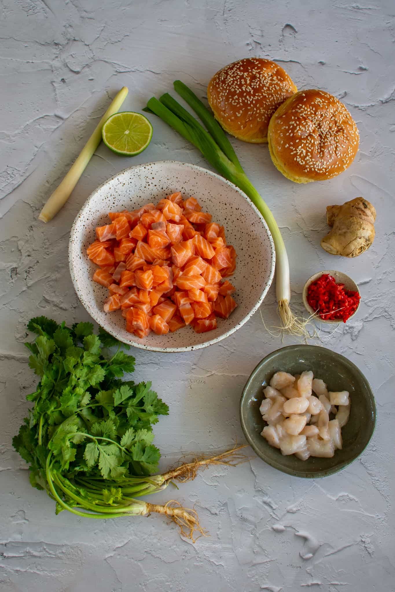 Ingredients to make Asian style fish burger 