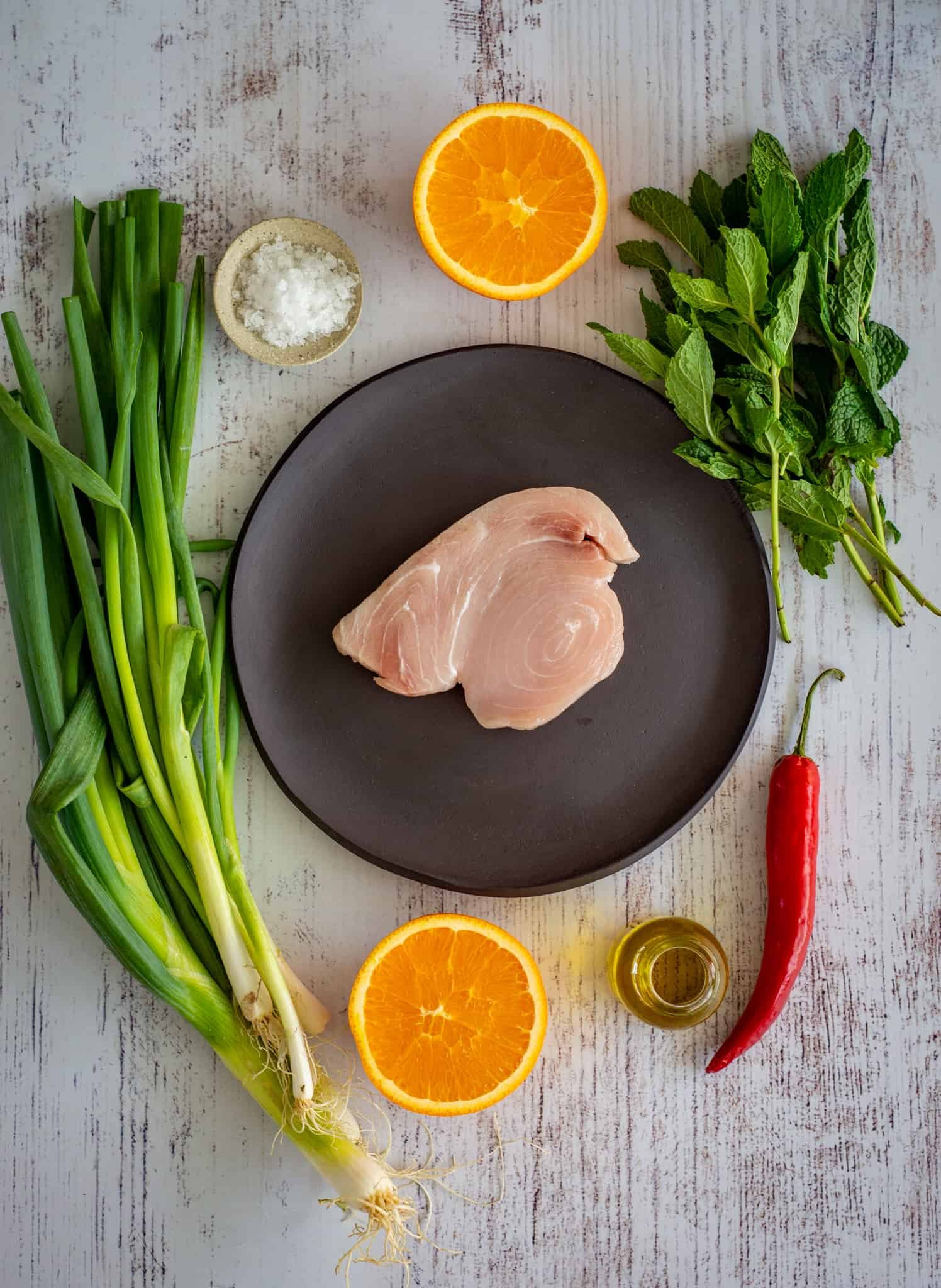 birdseye view of grilled swordfish ingredients