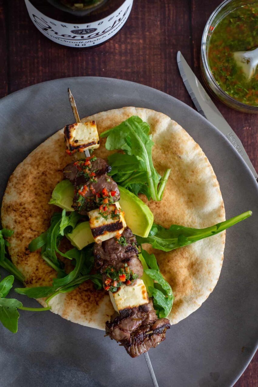 Lamb Skewers, Halloumi, Orange Mint Dressing